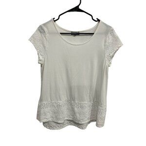 Joseph A. Womens White Lace Trim Hem Short Sleeve Top Size L Elegant Romantic